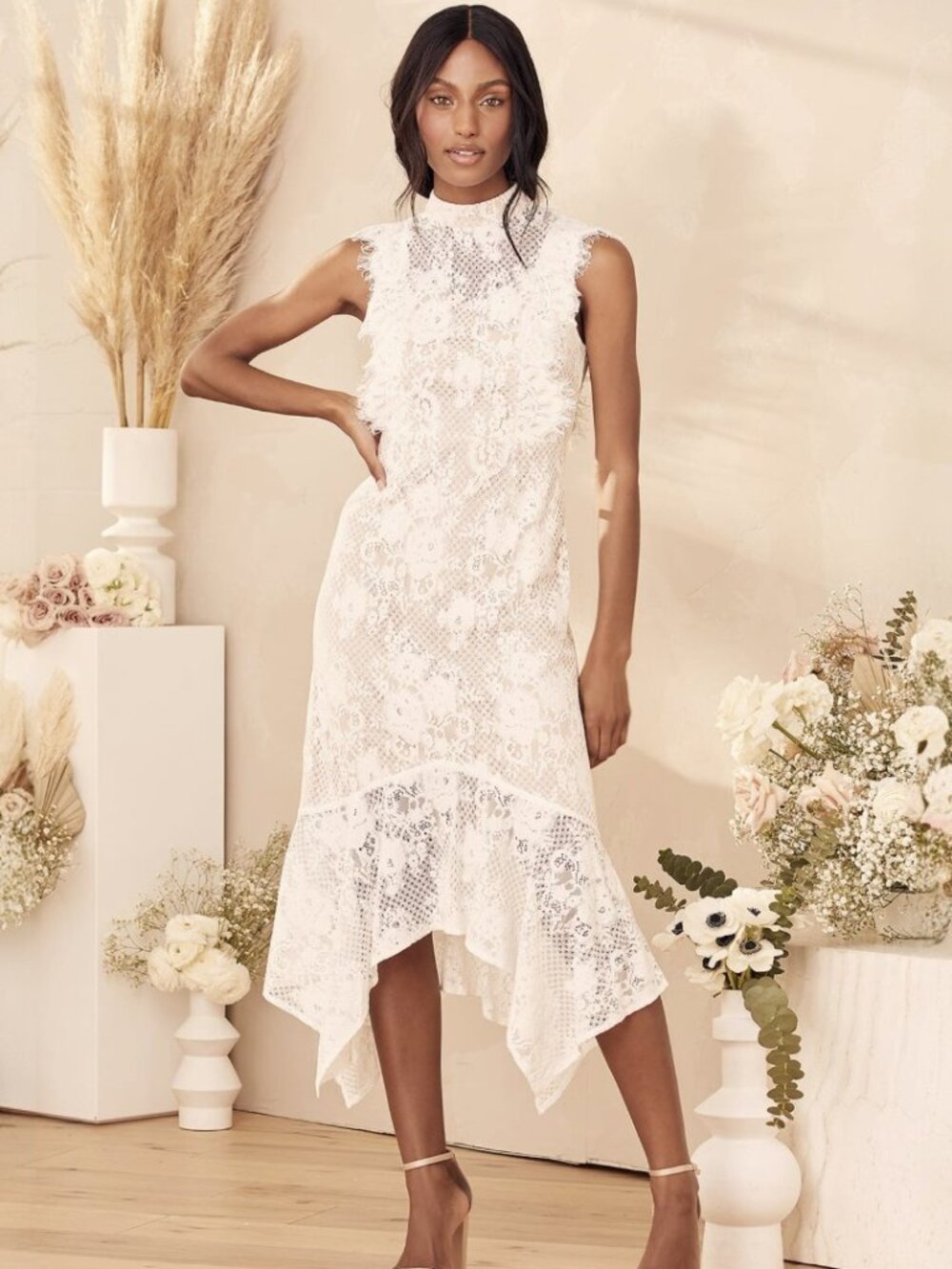 Lulus Take this Dance White Lace Sleeveless Mock Neck Midi Dress​ NWT